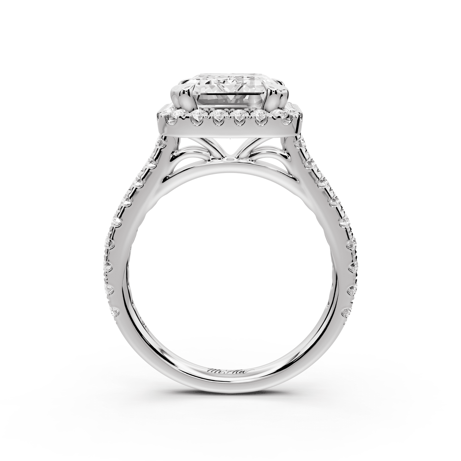 Marcella - 4ct platinum emerald halo double talon prong cathedral pavé engagament ring - Mr. Alex Jewelry