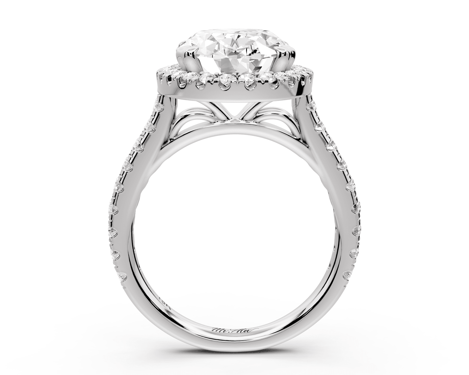Marcella - 4ct platinum oval halo double talon prong cathedral pavé engagament ring - Mr. Alex Jewelry