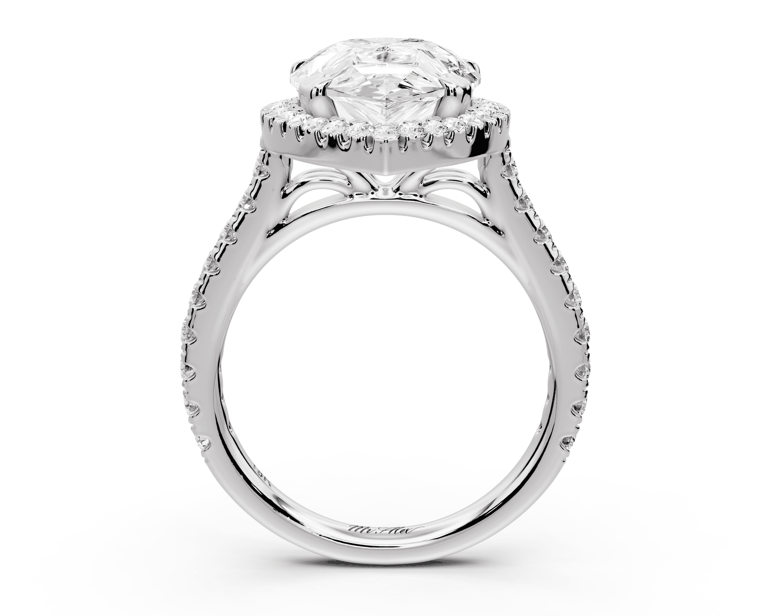 Marcella - 4ct platinum pear halo double talon prong cathedral pavé engagament ring - Mr. Alex Jewelry