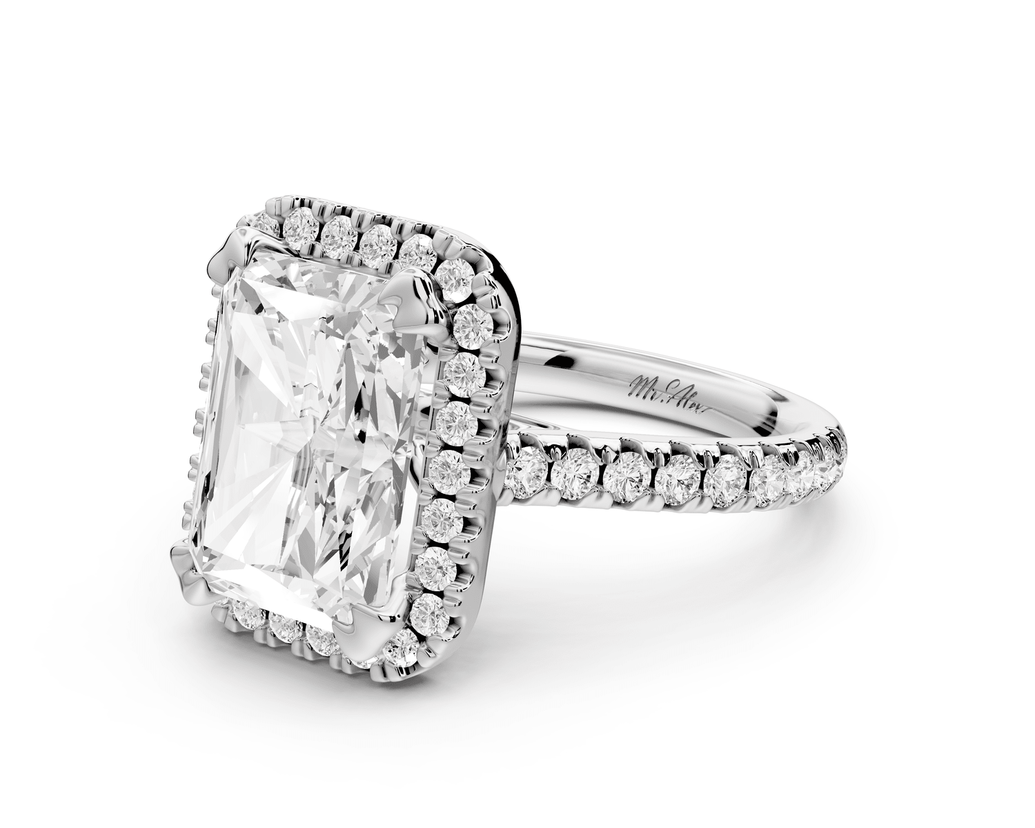 Marcella - 4ct platinum radiant halo double talon prong cathedral pavé engagement ring - Mr. Alex Jewelry