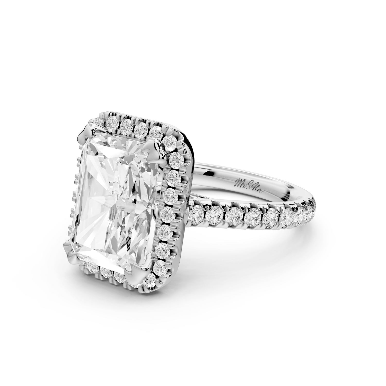 Marcella - 4ct platinum radiant halo double talon prong cathedral pavé engagement ring - Mr. Alex Jewelry