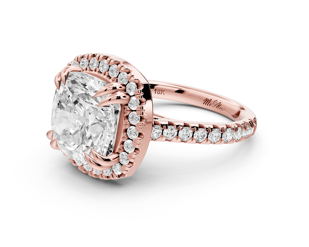 Marcella - 5ct 14k rose gold cushion halo double talon prong cathedral pavé engagement ring - Mr. Alex Jewelry