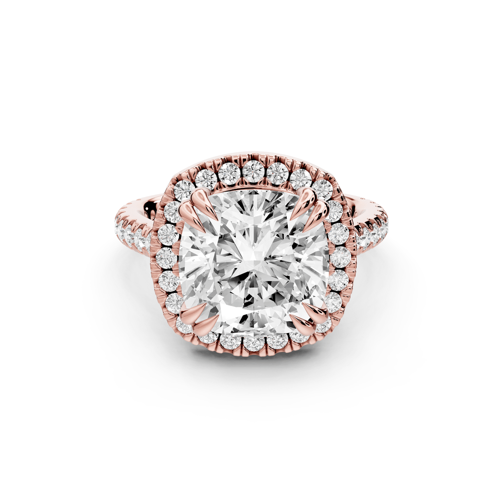 Marcella - 5ct 14k rose gold cushion halo double talon prong cathedral pavé engagement ring - Mr. Alex Jewelry