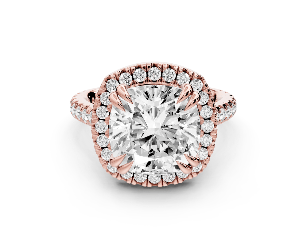 Marcella - 5ct 14k rose gold cushion halo double talon prong cathedral pavé engagement ring - Mr. Alex Jewelry
