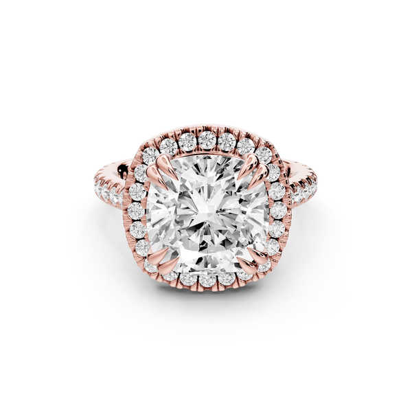Marcella - 5ct 14k rose gold cushion halo double talon prong cathedral pavé engagement ring - Mr. Alex Jewelry