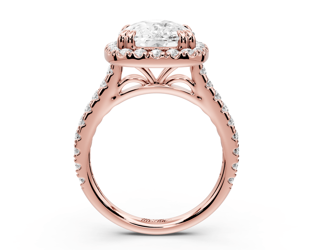 Marcella - 5ct 14k rose gold ecushion halo double talon prong cathedral pavé engagement ring - Mr. Alex Jewelry