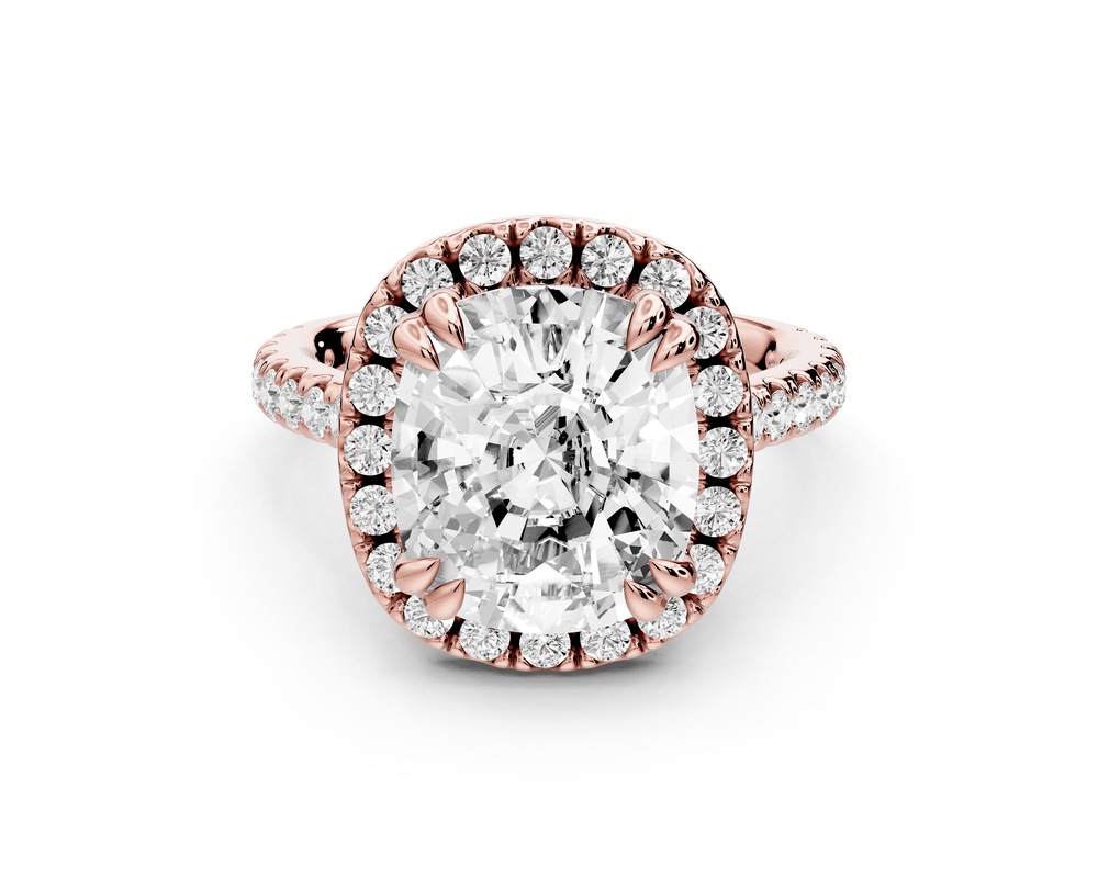 Marcella - 5ct 14k rose gold ecushion halo double talon prong cathedral pavé engagement ring - Mr. Alex Jewelry