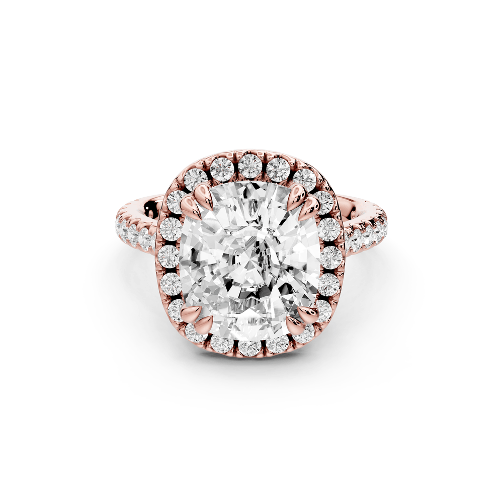 Marcella - 5ct 14k rose gold ecushion halo double talon prong cathedral pavé engagement ring - Mr. Alex Jewelry