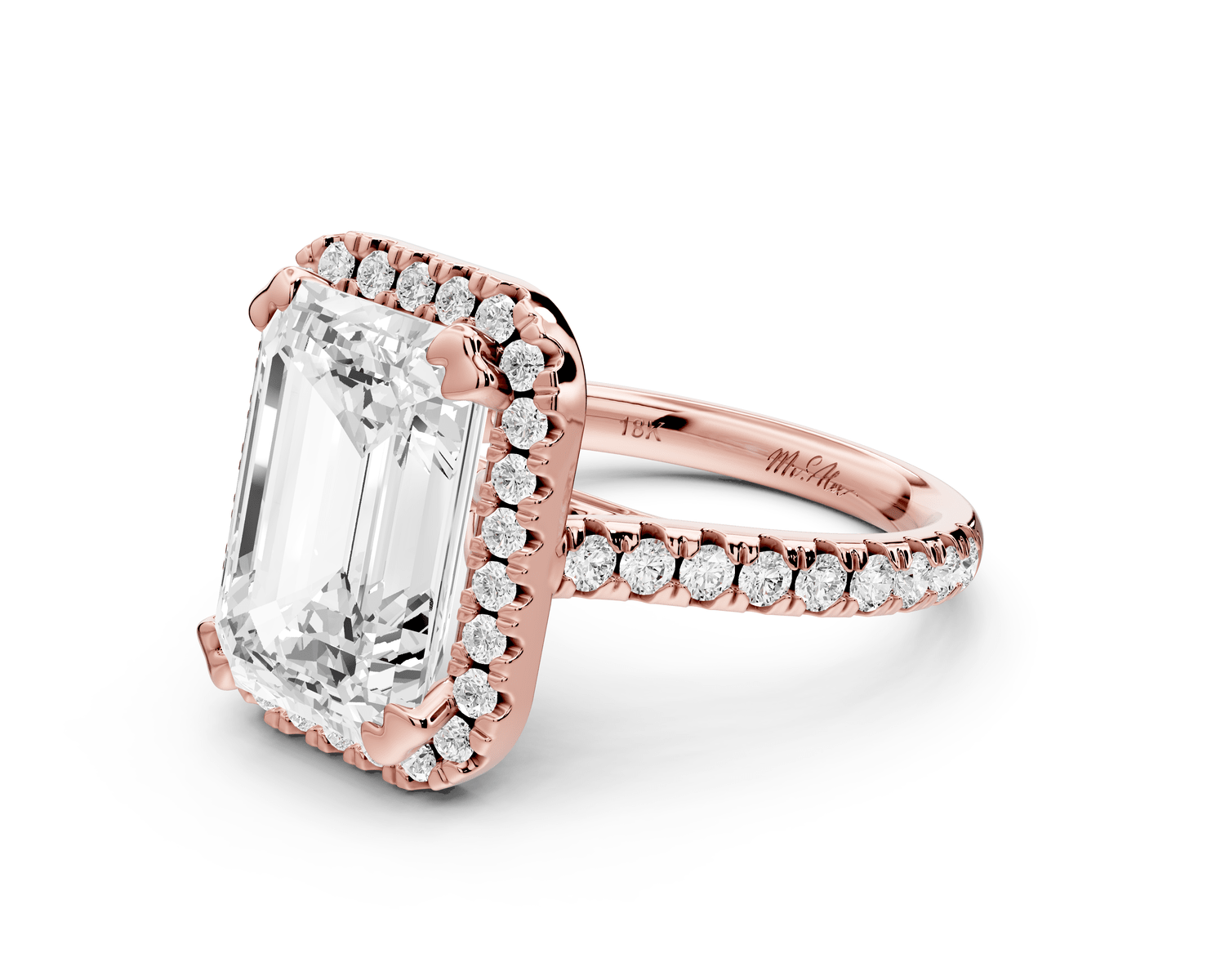 Marcella - 5ct 14k rose gold emerald halo double talon prong cathedral pavé engagament ring - Mr. Alex Jewelry