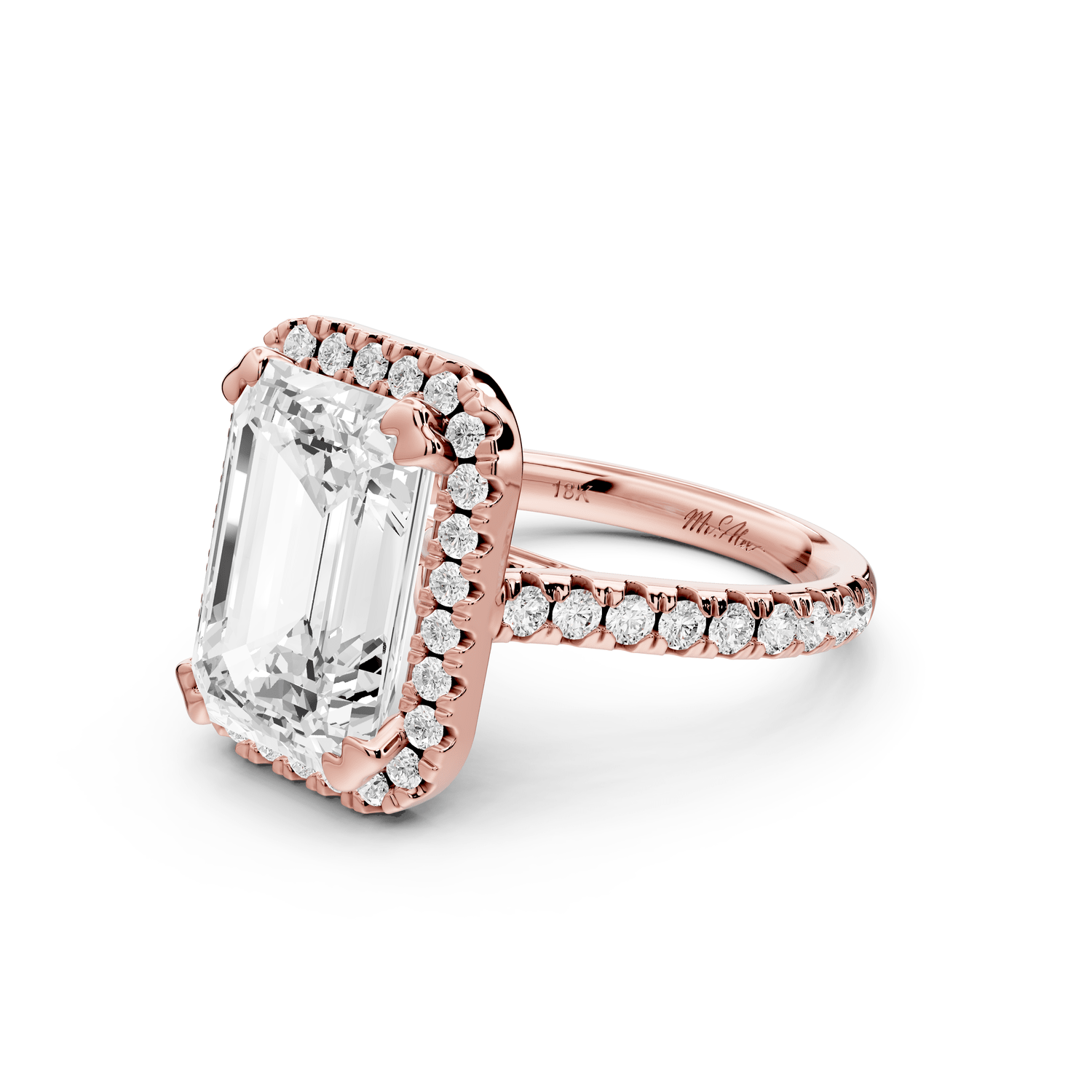 Marcella - 5ct 14k rose gold emerald halo double talon prong cathedral pavé engagament ring - Mr. Alex Jewelry