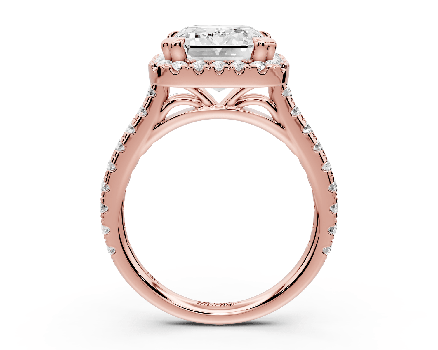Marcella - 5ct 14k rose gold emerald halo double talon prong cathedral pavé engagament ring - Mr. Alex Jewelry