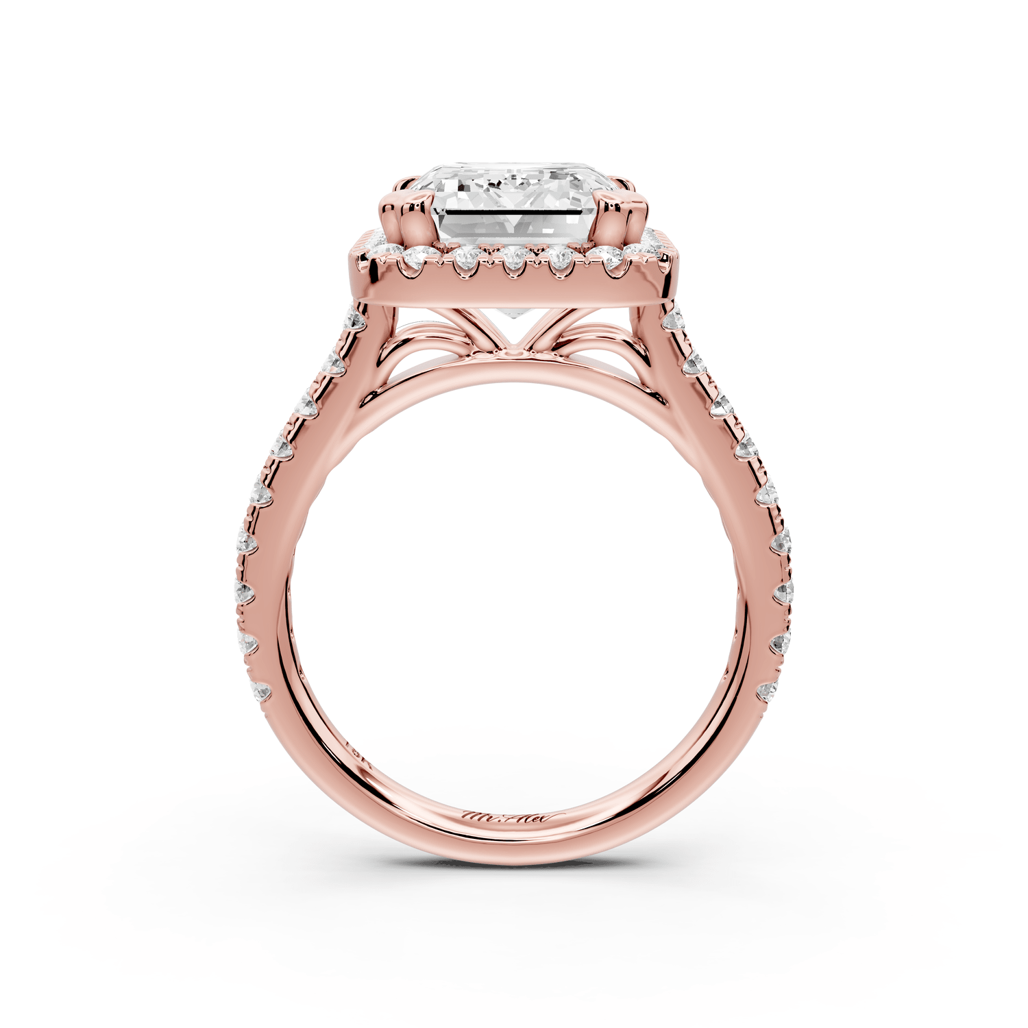 Marcella - 5ct 14k rose gold emerald halo double talon prong cathedral pavé engagament ring - Mr. Alex Jewelry