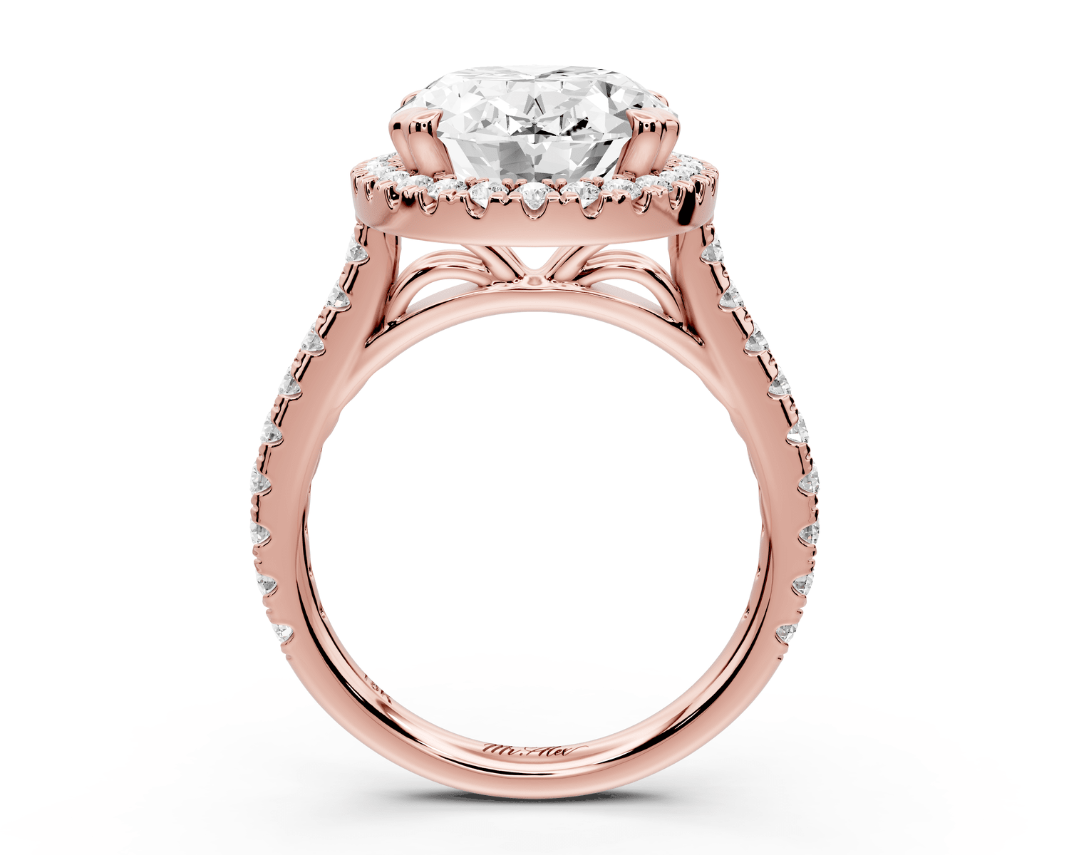 Marcella - 5ct 14k rose gold oval halo double talon prong cathedral pavé engagament ring - Mr. Alex Jewelry