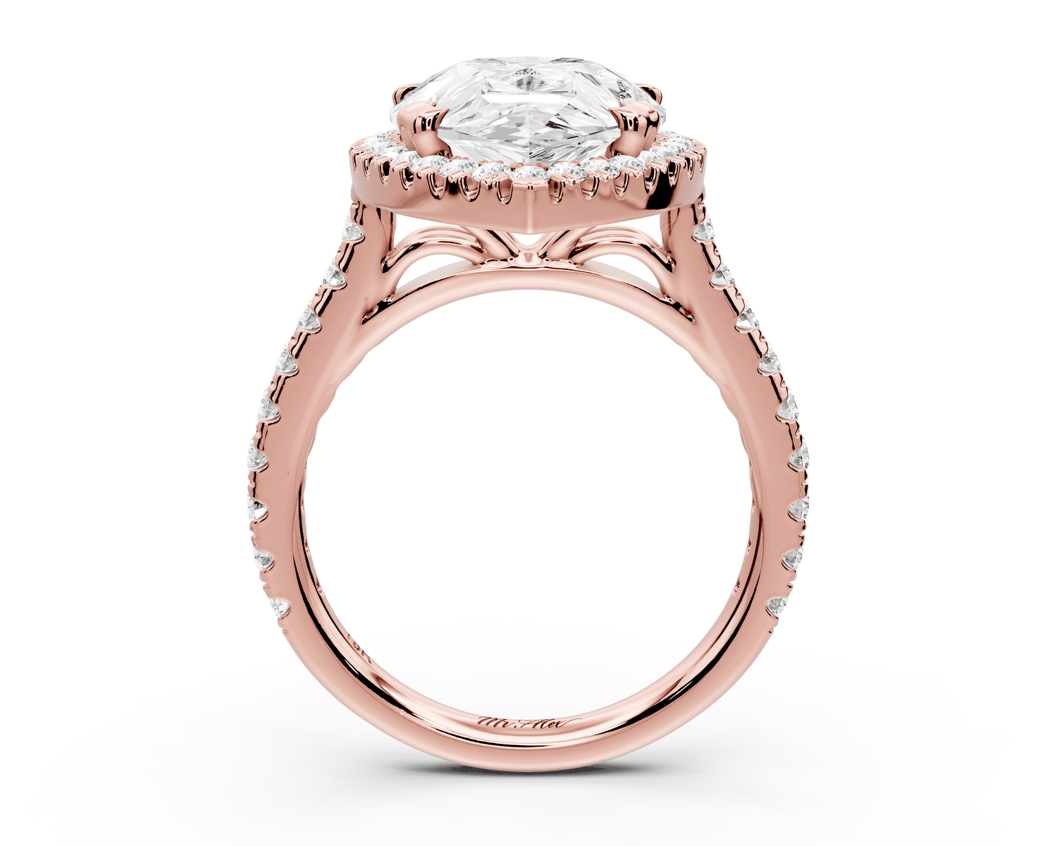 Marcella - 5ct 14k rose gold pear halo double talon prong cathedral pavé engagament ring - Mr. Alex Jewelry