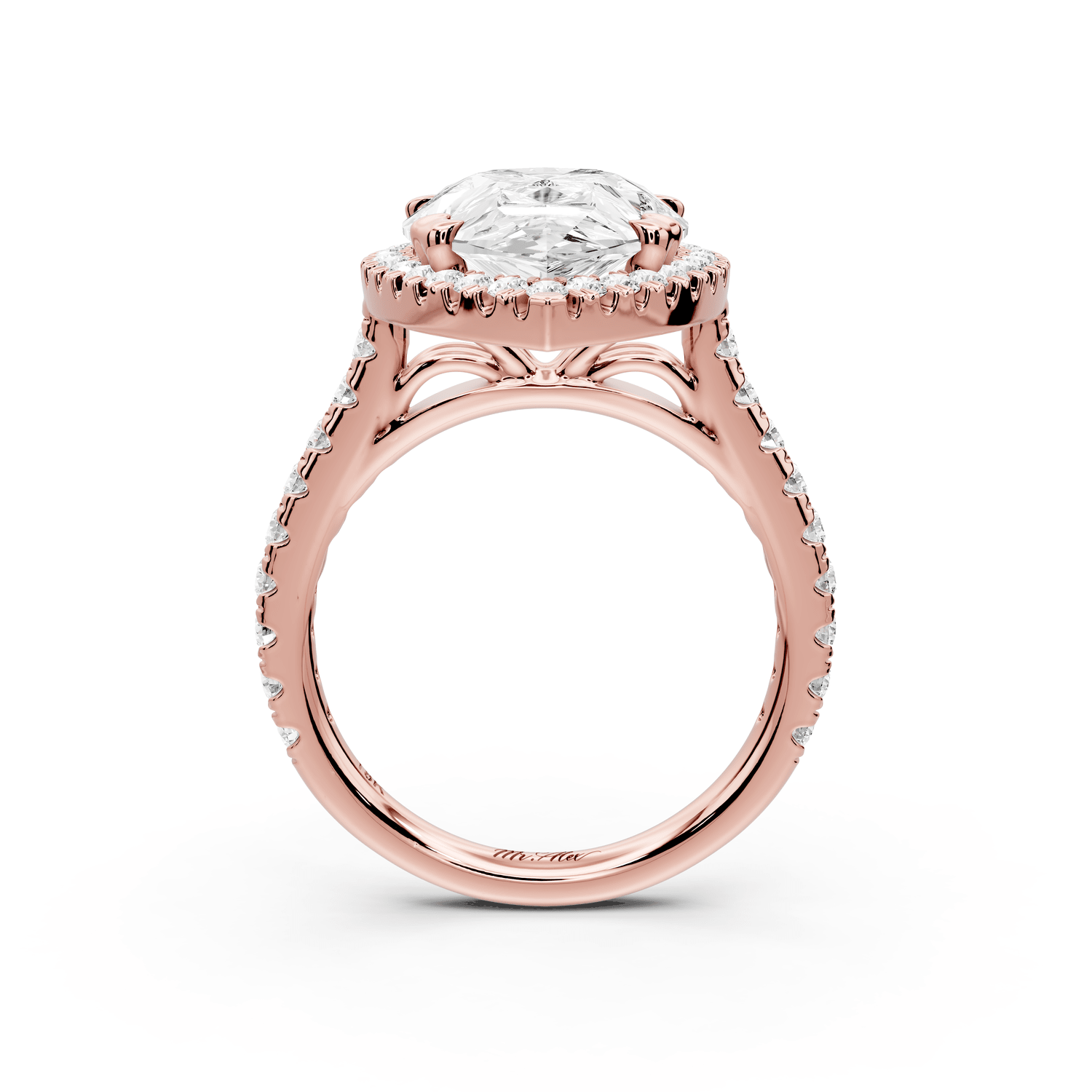 Marcella - 5ct 14k rose gold pear halo double talon prong cathedral pavé engagament ring - Mr. Alex Jewelry