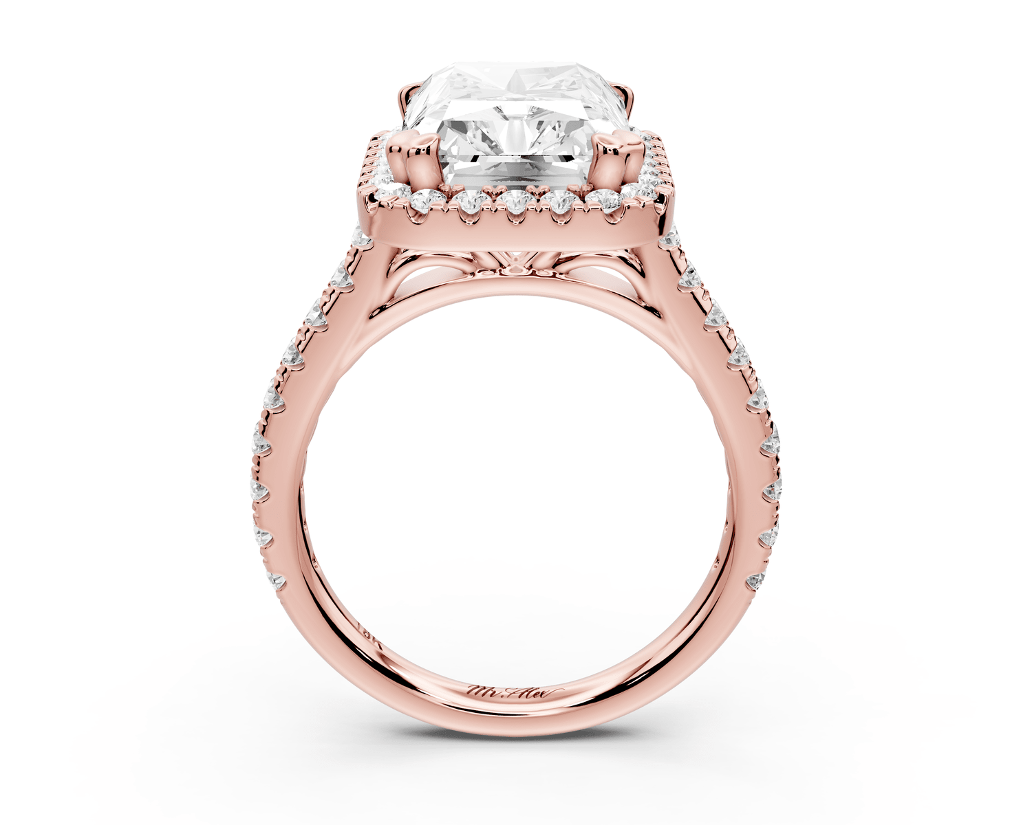 Marcella - 5ct 14k rose gold radiant halo double talon prong cathedral pavé engagement ring - Mr. Alex Jewelry