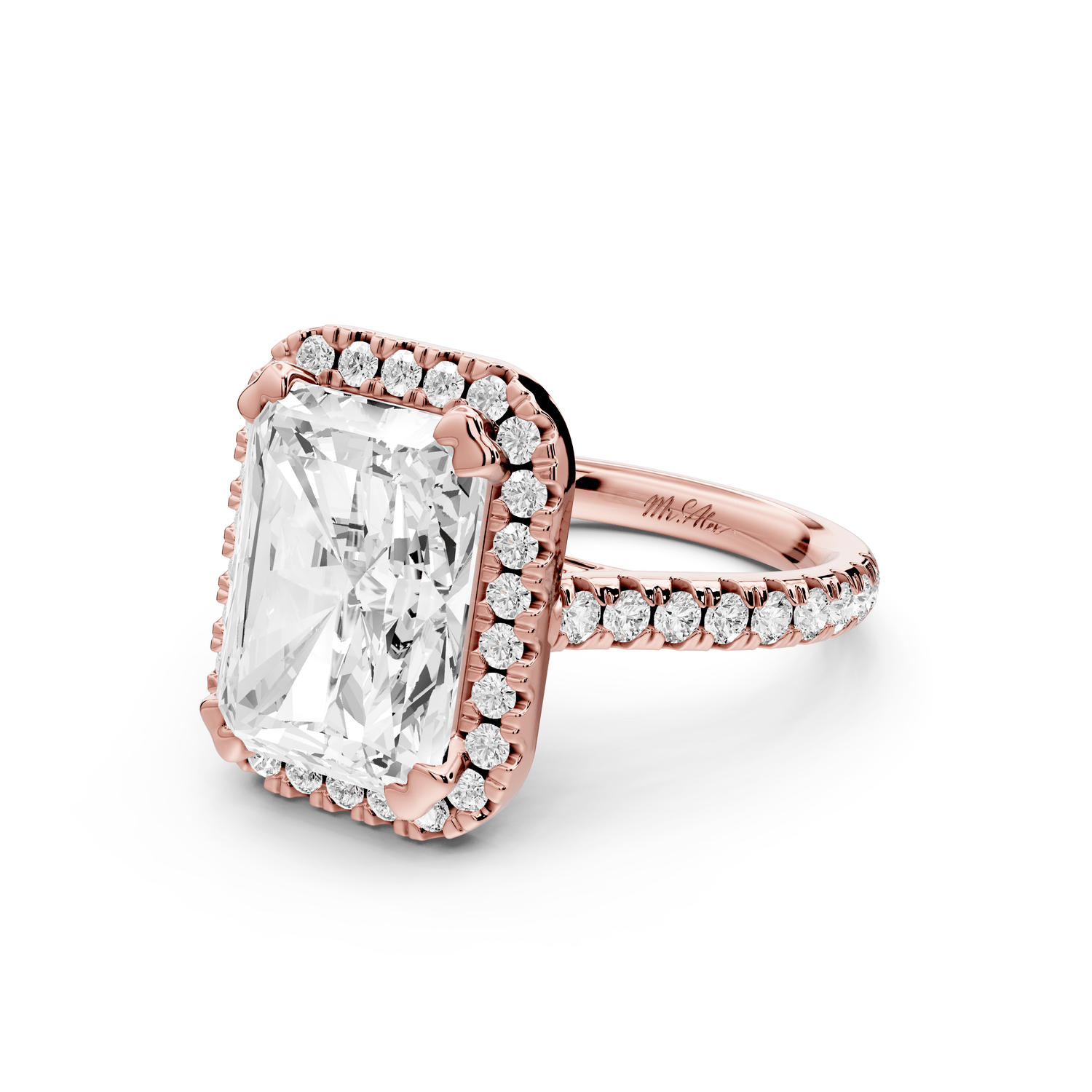 Marcella - 5ct 14k rose gold radiant halo double talon prong cathedral pavé engagement ring - Mr. Alex Jewelry