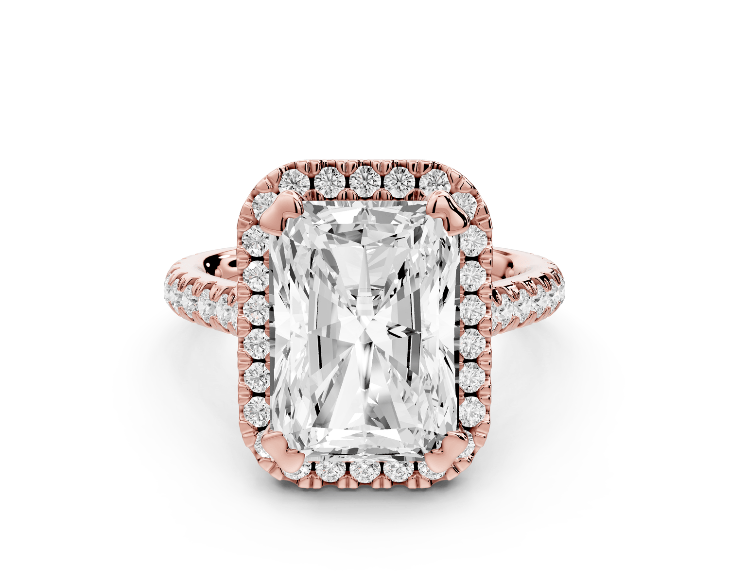 Marcella - 5ct 14k rose gold radiant halo double talon prong cathedral pavé engagement ring - Mr. Alex Jewelry