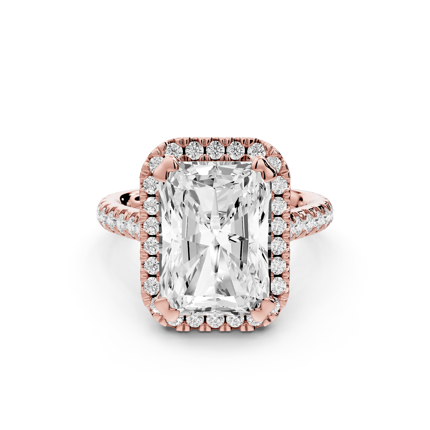 Marcella - 5ct 14k rose gold radiant halo double talon prong cathedral pavé engagement ring - Mr. Alex Jewelry