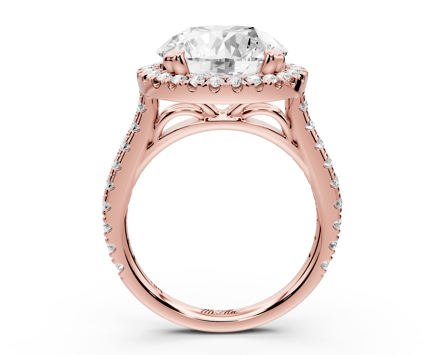 Marcella - 5ct 14k rose gold round halo double talon prong cathedral pavé engagement ring - Mr. Alex Jewelry