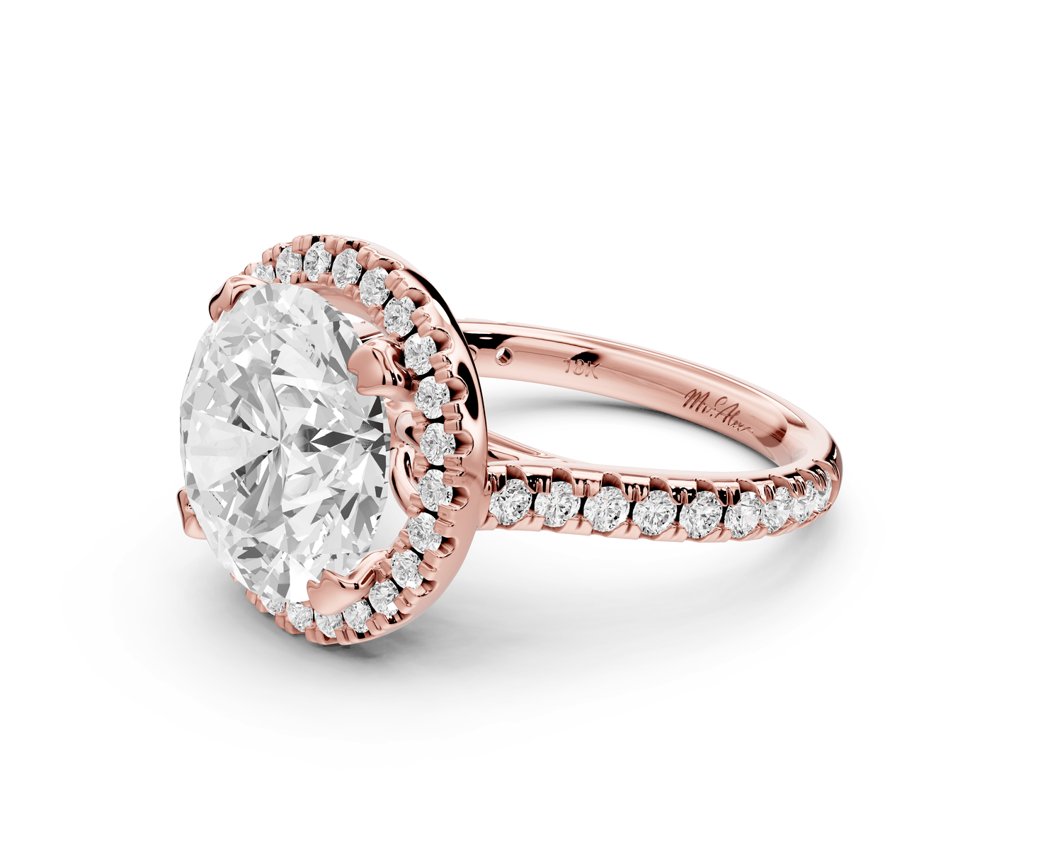 Marcella - 5ct 14k rose gold round halo double talon prong cathedral pavé engagement ring - Mr. Alex Jewelry