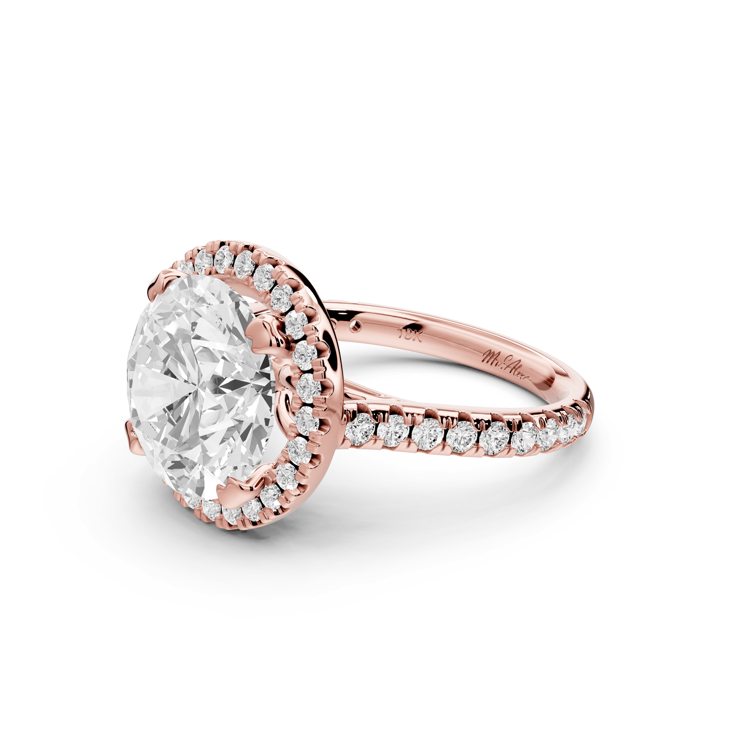 Marcella - 5ct 14k rose gold round halo double talon prong cathedral pavé engagement ring - Mr. Alex Jewelry