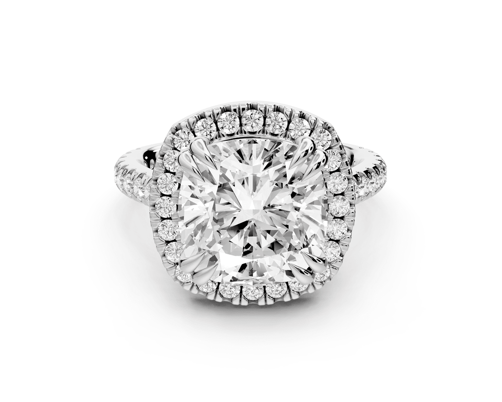 Marcella - 5ct 14k white gold cushion halo double talon prong cathedral pavé engagement ring - Mr. Alex Jewelry