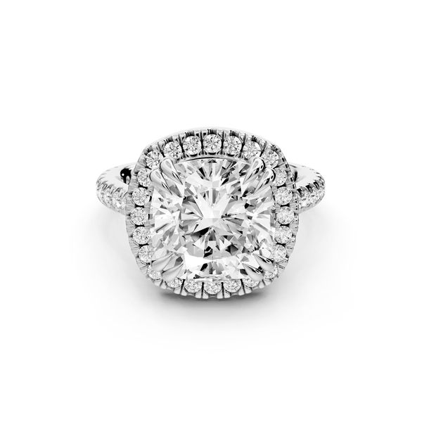Marcella - 5ct 14k white gold cushion halo double talon prong cathedral pavé engagement ring - Mr. Alex Jewelry