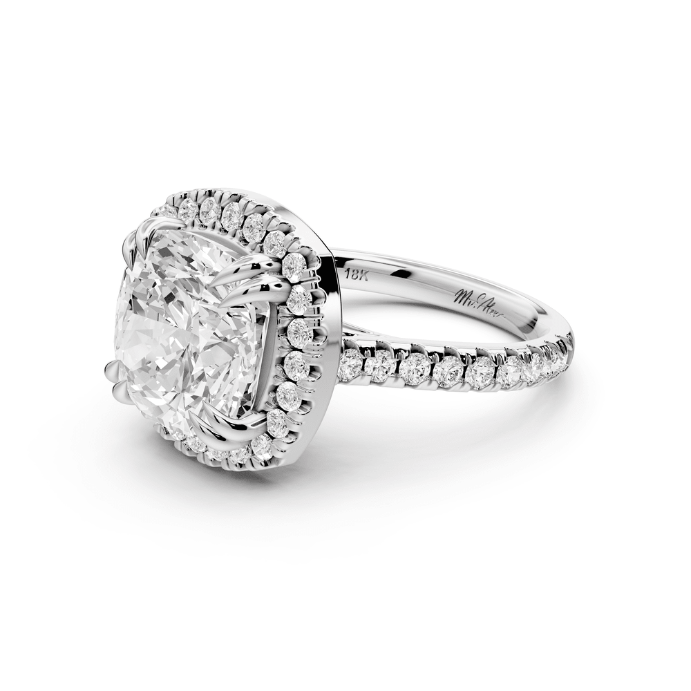 Marcella - 5ct 14k white gold cushion halo double talon prong cathedral pavé engagement ring - Mr. Alex Jewelry