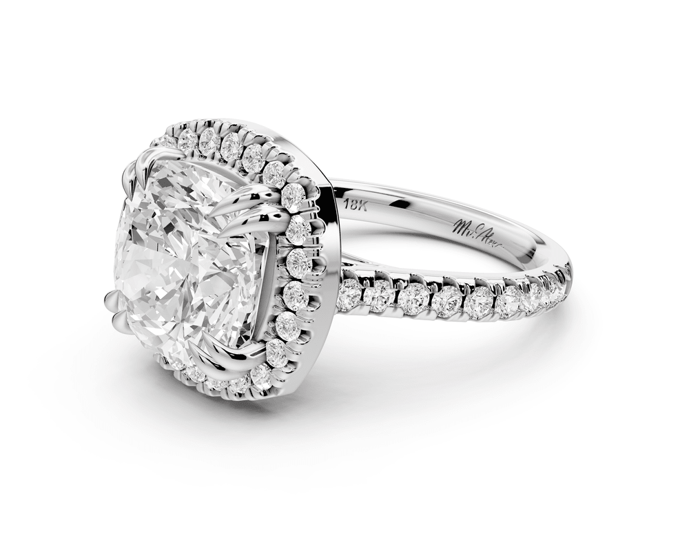 Marcella - 5ct 14k white gold cushion halo double talon prong cathedral pavé engagement ring - Mr. Alex Jewelry