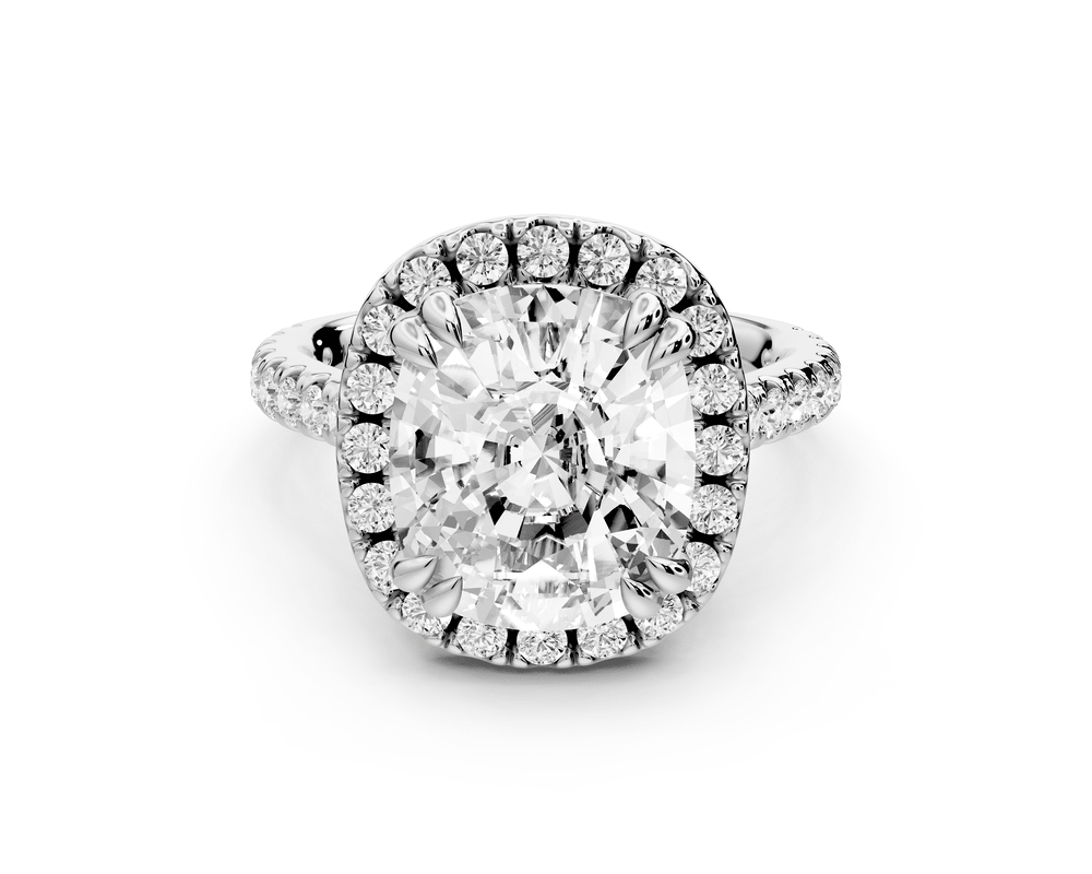Marcella - 5ct 14k white gold ecushion halo double talon prong cathedral pavé engagement ring - Mr. Alex Jewelry