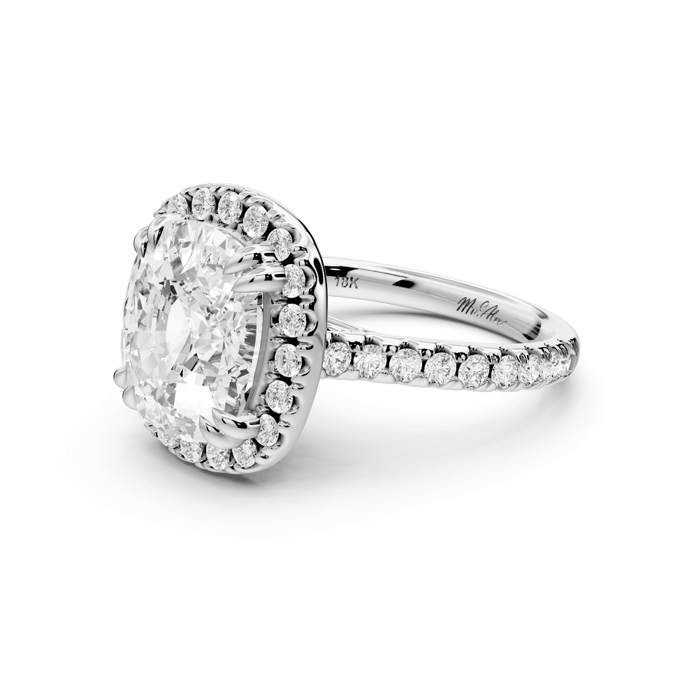 Marcella - 5ct 14k white gold ecushion halo double talon prong cathedral pavé engagement ring - Mr. Alex Jewelry