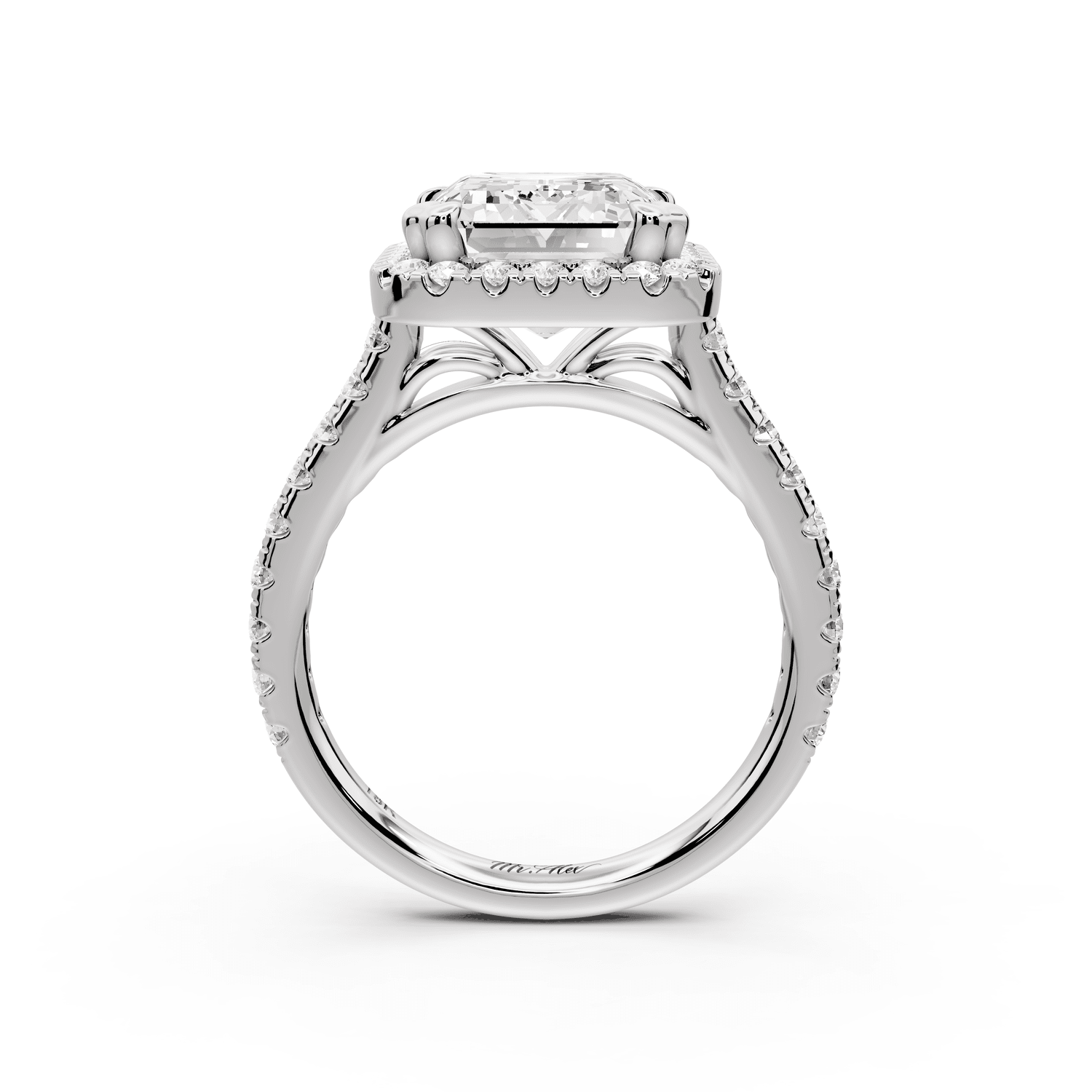 Marcella - 5ct 14k white gold emerald halo double talon prong cathedral pavé engagament ring - Mr. Alex Jewelry