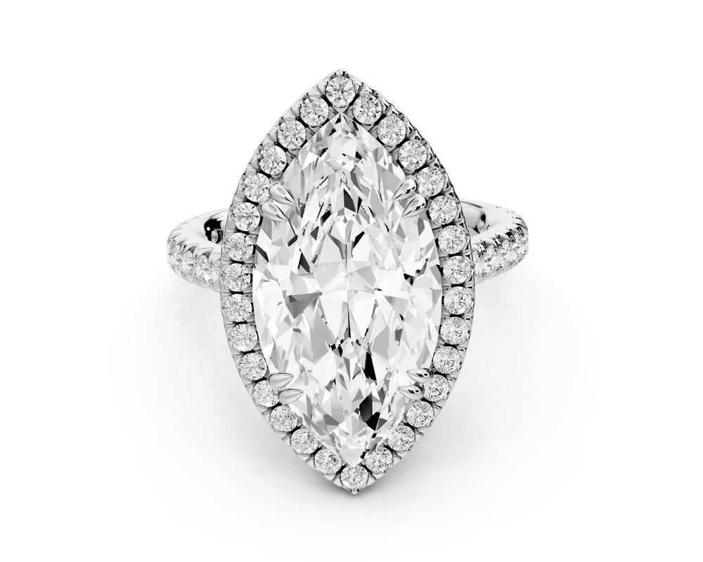 Marcella - 5ct 14k white gold marquise halo double talon prong cathedral pavé engagement ring - Mr. Alex Jewelry