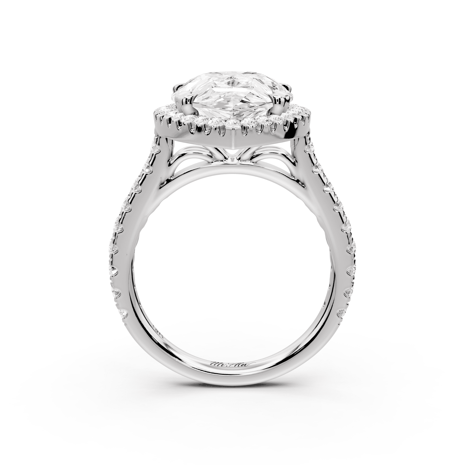 Marcella - 5ct 14k white gold pear halo double talon prong cathedral pavé engagament ring - Mr. Alex Jewelry