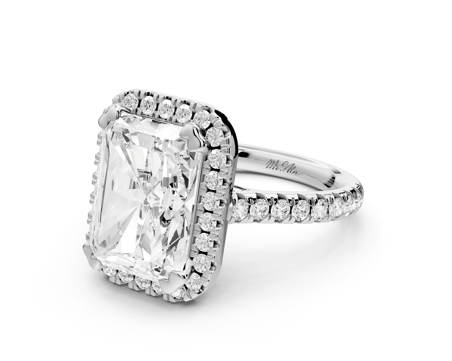 Marcella - 5ct 14k white gold radiant halo double talon prong cathedral pavé engagement ring - Mr. Alex Jewelry