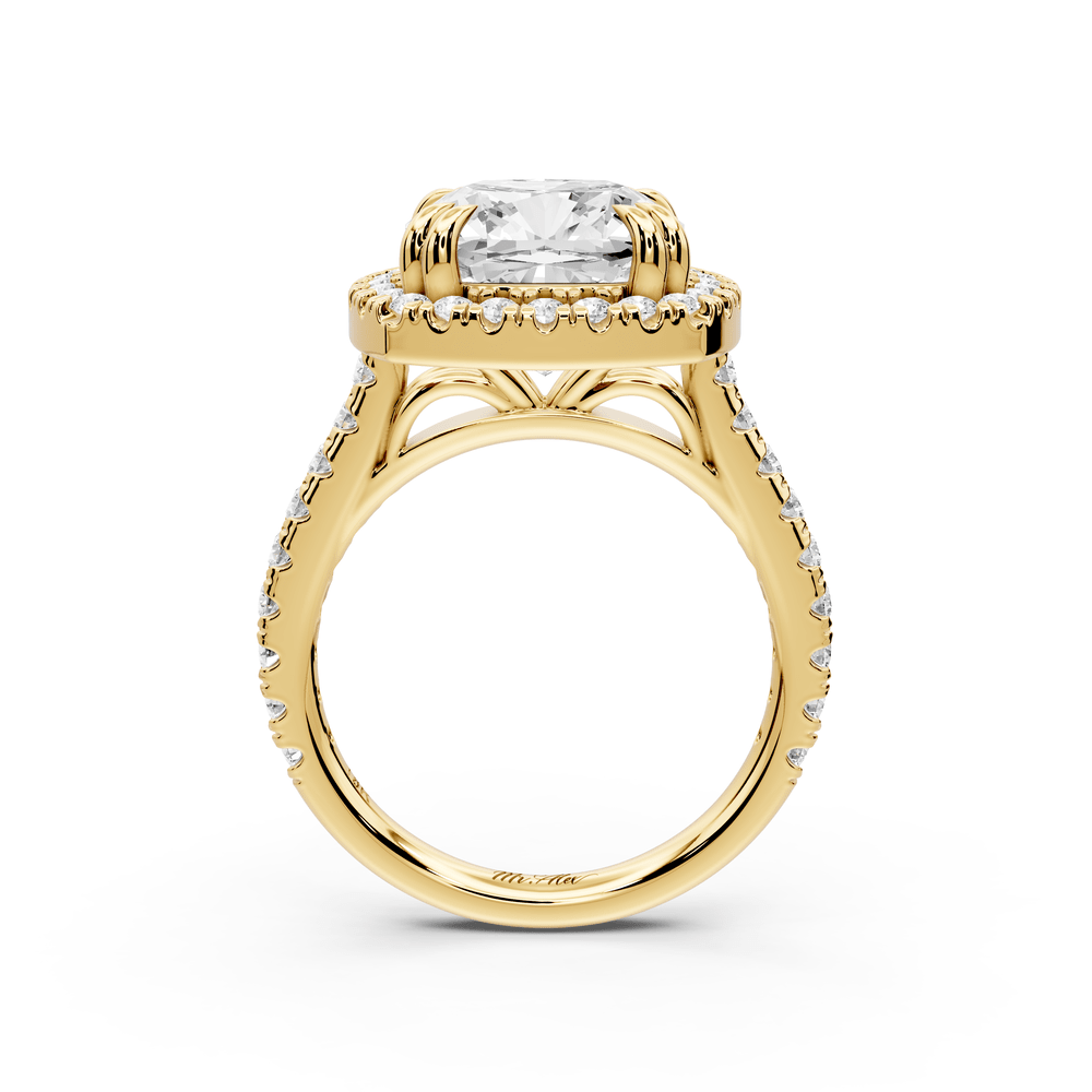 Marcella - 5ct 14k yellow gold cushion halo double talon prong cathedral pavé engagement ring - Mr. Alex Jewelry