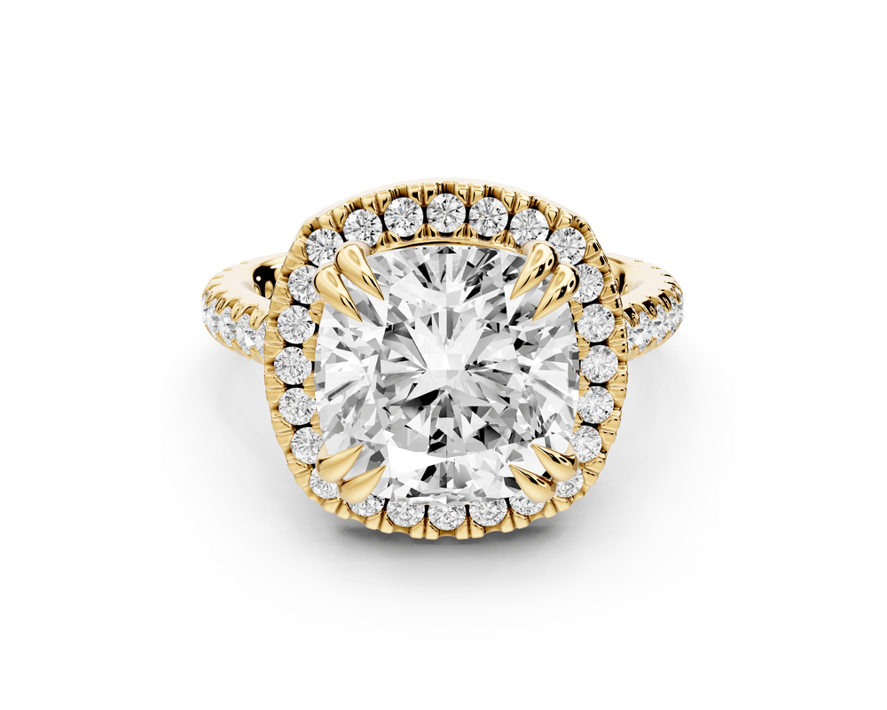 Marcella - 5ct 14k yellow gold cushion halo double talon prong cathedral pavé engagement ring - Mr. Alex Jewelry