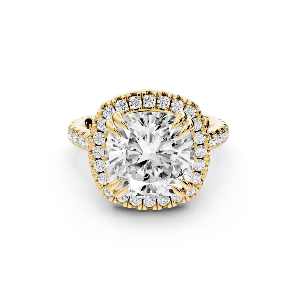 Marcella - 5ct 14k yellow gold cushion halo double talon prong cathedral pavé engagement ring - Mr. Alex Jewelry