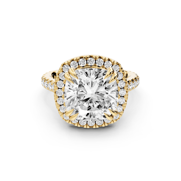 Marcella - 5ct 14k yellow gold cushion halo double talon prong cathedral pavé engagement ring - Mr. Alex Jewelry