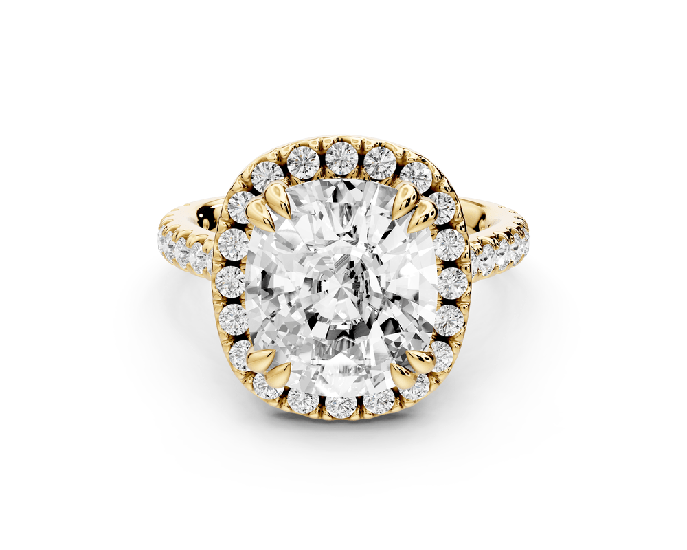 Marcella - 5ct 14k yellow gold ecushion halo double talon prong cathedral pavé engagement ring - Mr. Alex Jewelry