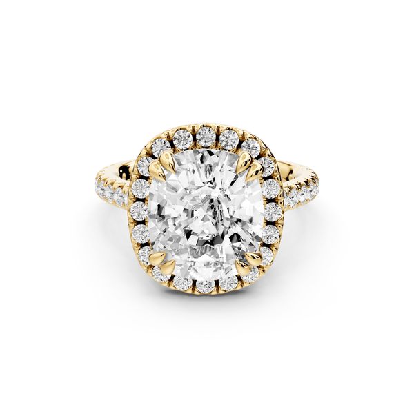 Marcella - 5ct 14k yellow gold ecushion halo double talon prong cathedral pavé engagement ring - Mr. Alex Jewelry