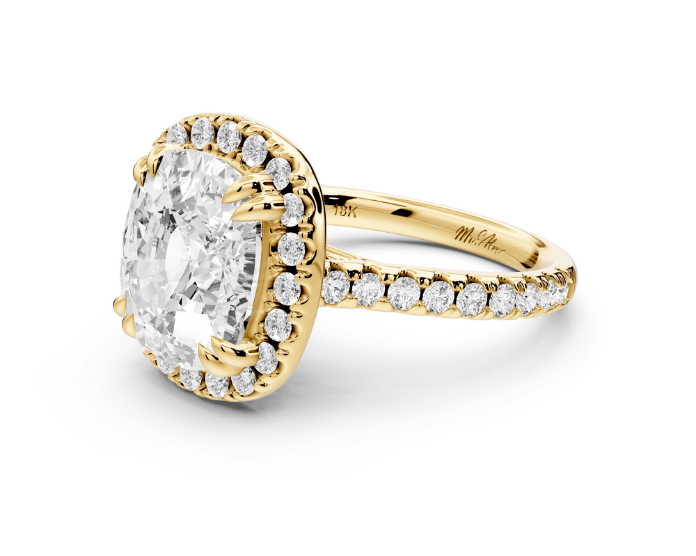 Marcella - 5ct 14k yellow gold ecushion halo double talon prong cathedral pavé engagement ring - Mr. Alex Jewelry