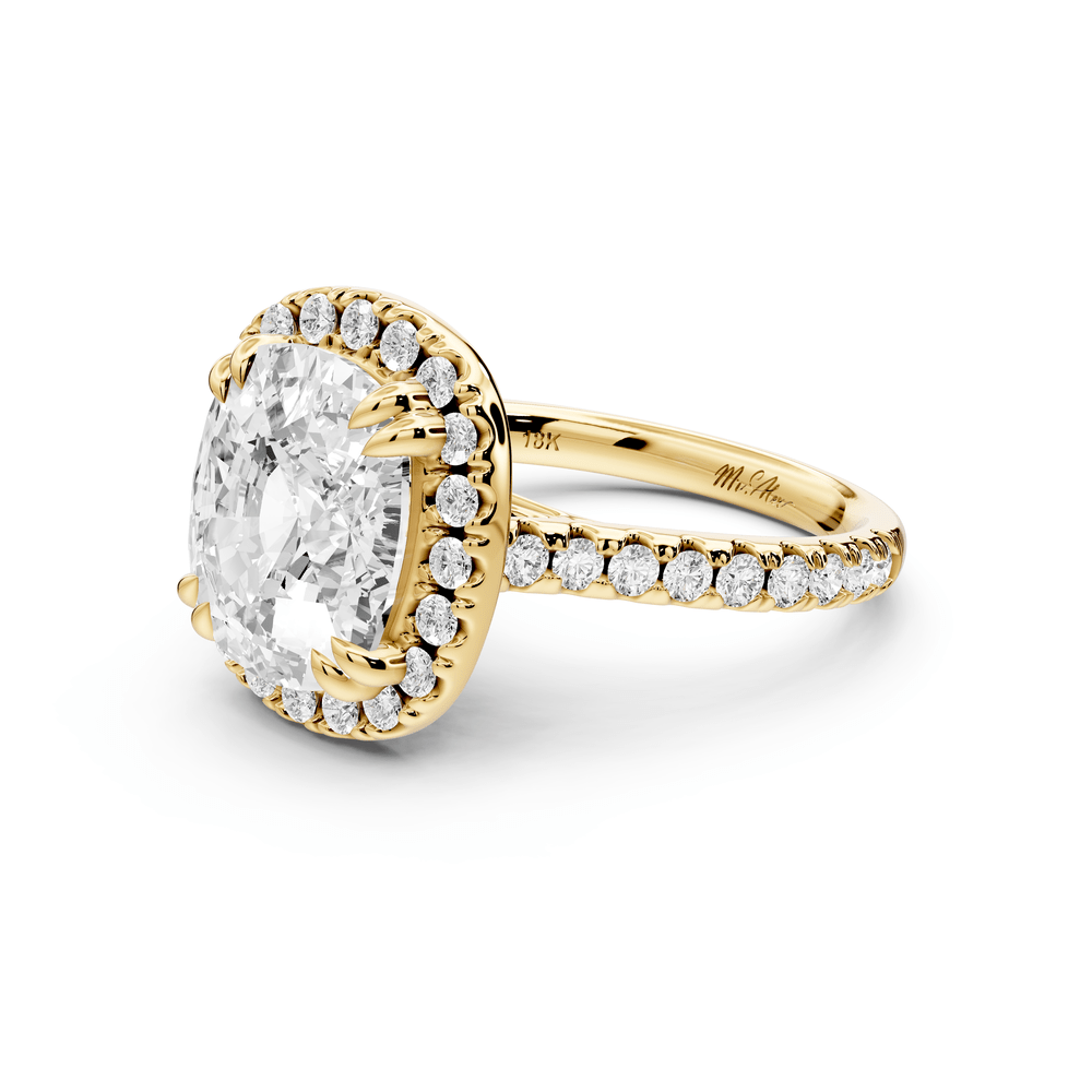 Marcella - 5ct 14k yellow gold ecushion halo double talon prong cathedral pavé engagement ring - Mr. Alex Jewelry