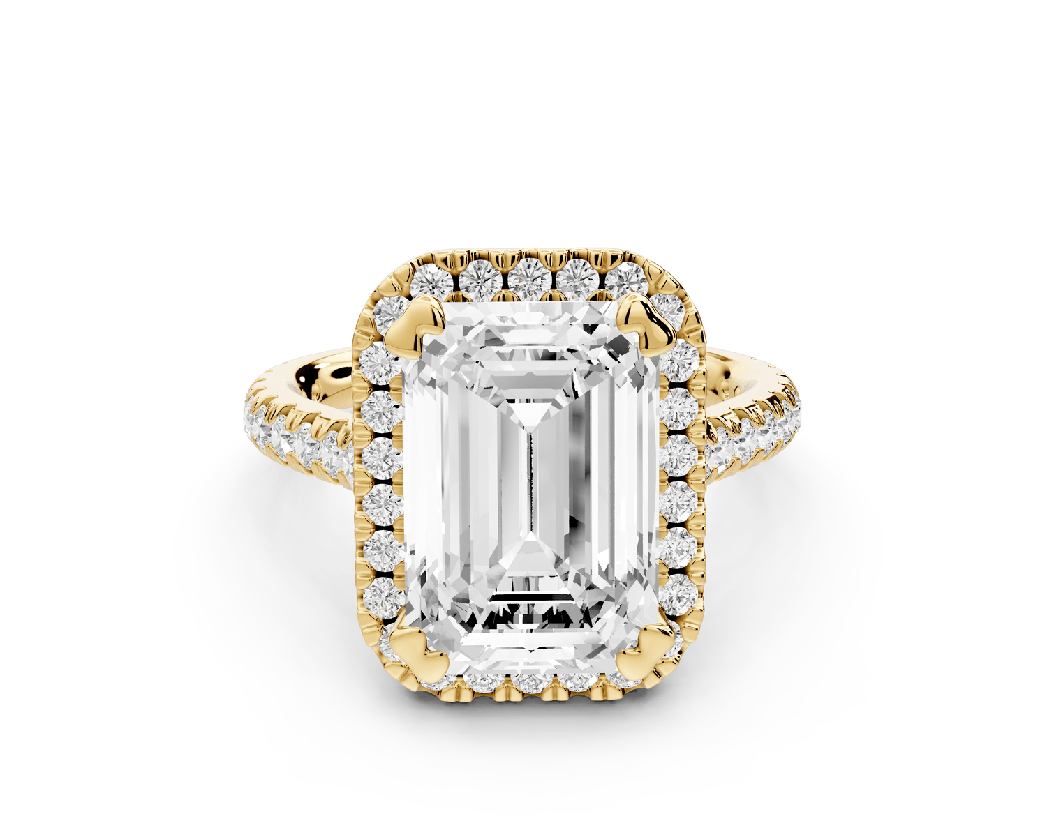 Marcella - 5ct 14k yellow gold emerald halo double talon prong cathedral pavé engagament ring - Mr. Alex Jewelry