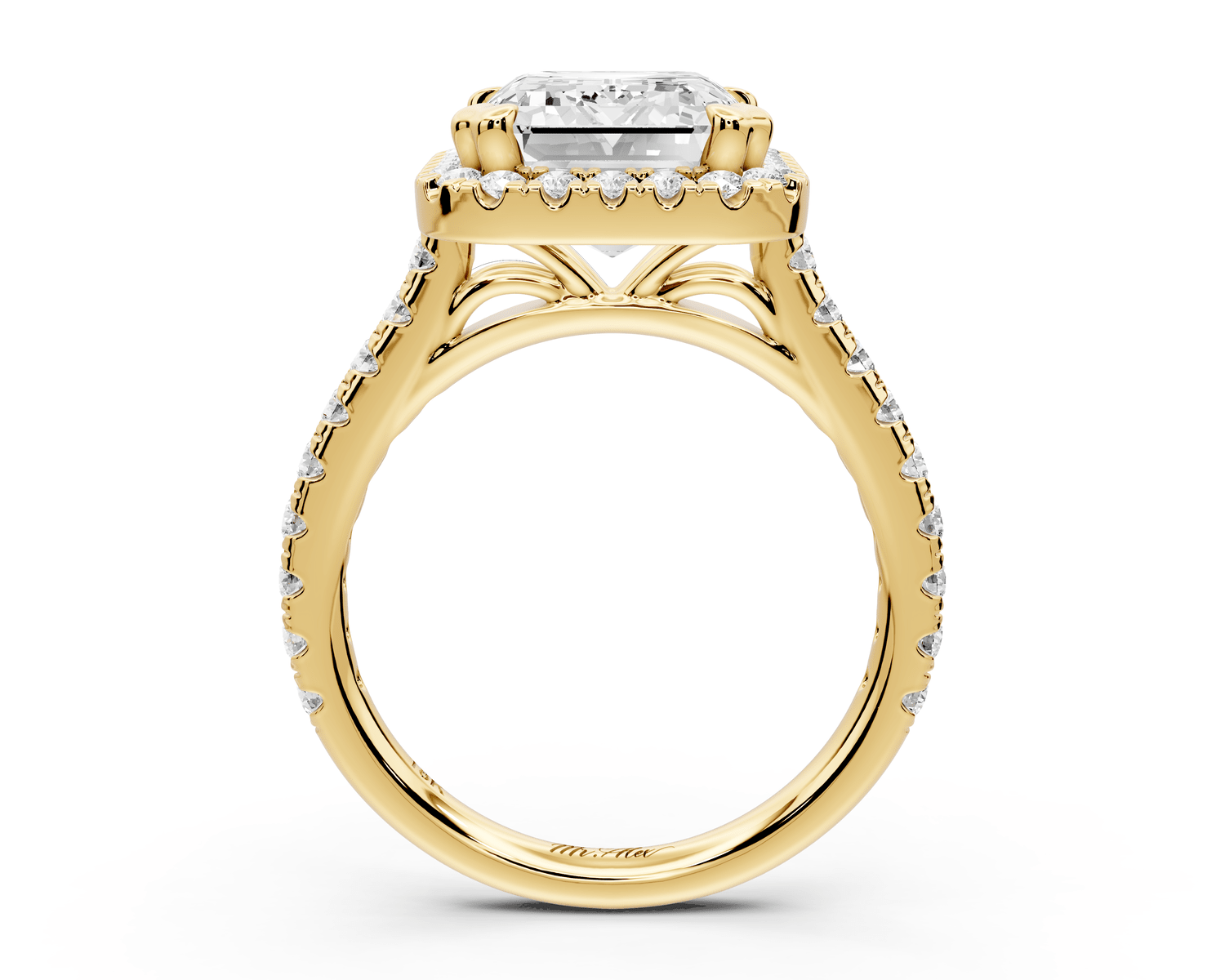 Marcella - 5ct 14k yellow gold emerald halo double talon prong cathedral pavé engagament ring - Mr. Alex Jewelry