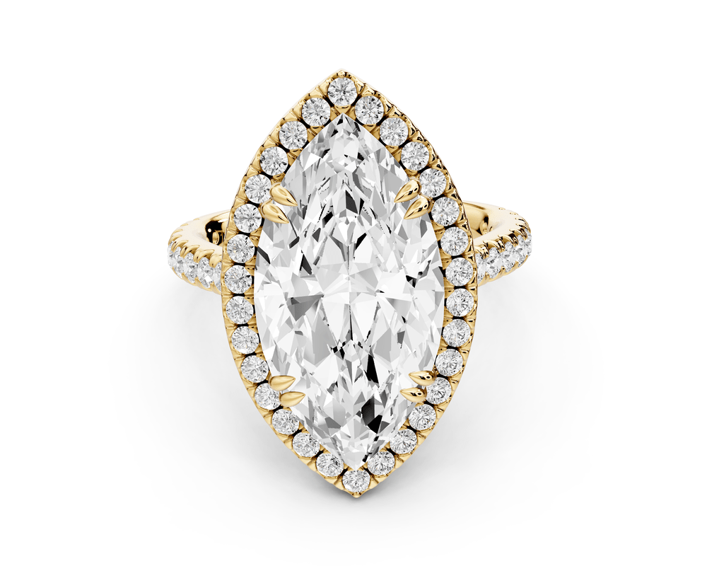 Marcella - 5ct 14k yellow gold marquise halo double talon prong cathedral pavé engagement ring - Mr. Alex Jewelry