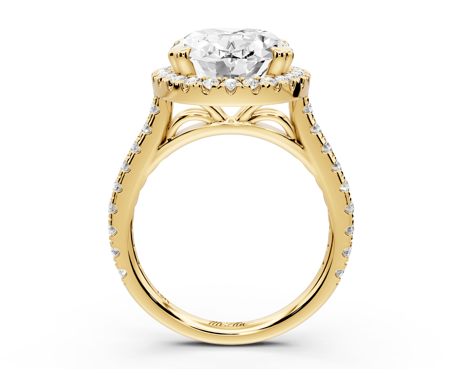 Marcella - 5ct 14k yellow gold oval halo double talon prong cathedral pavé engagament ring - Mr. Alex Jewelry