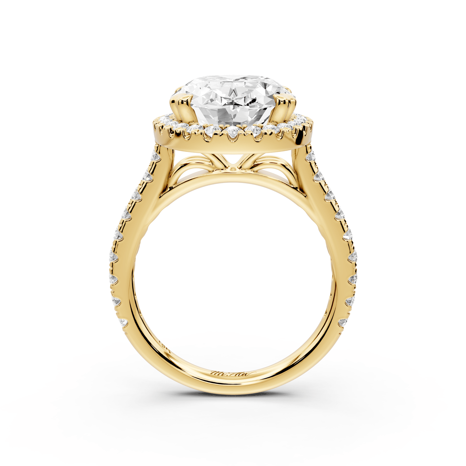 Marcella - 5ct 14k yellow gold oval halo double talon prong cathedral pavé engagament ring - Mr. Alex Jewelry
