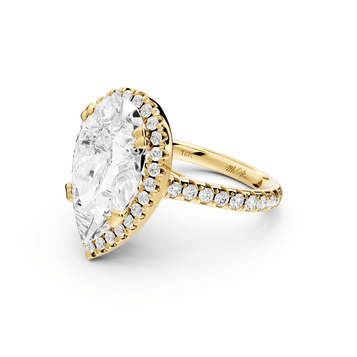 Marcella - 5ct 14k yellow gold pear halo double talon prong cathedral pavé engagament ring - Mr. Alex Jewelry
